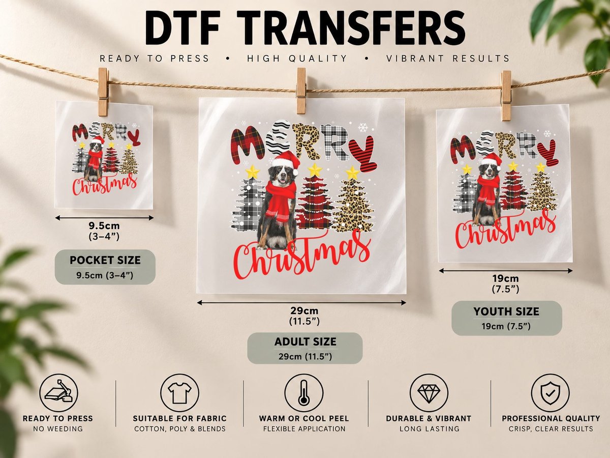 Bernese Mountain Merry Christmas Tree Plaid Leopard Dog DTF Transfer Iron On