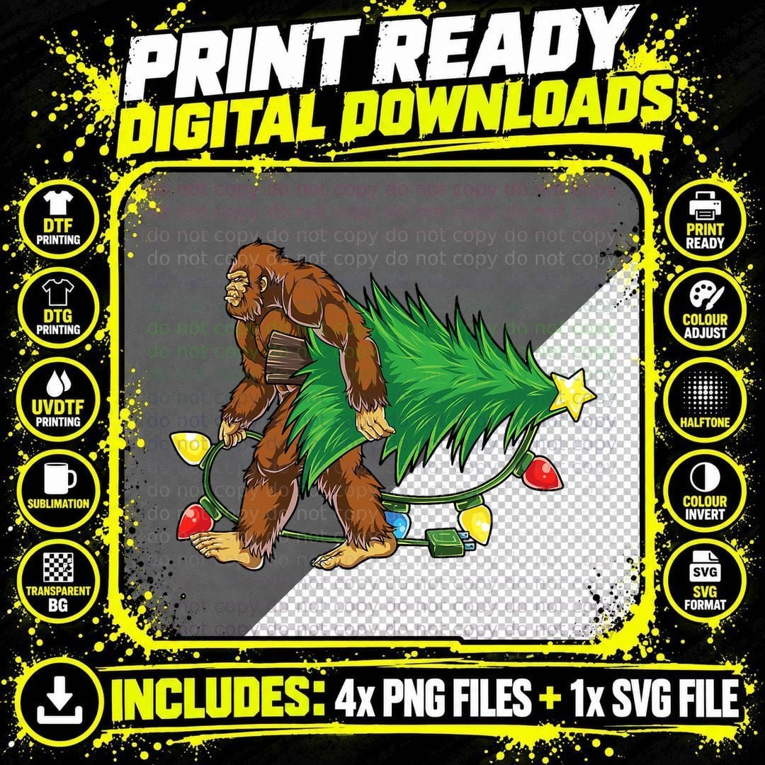 Bigfoot Christmas Tree Lights Xmas Boys Men Sasquatch Png SVG Digital Bundle
