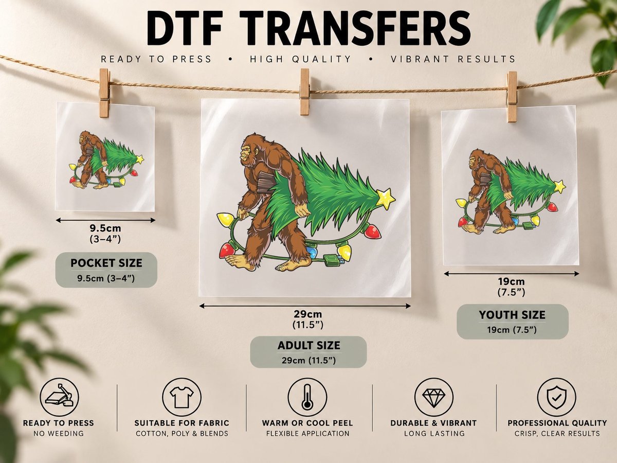 Bigfoot Christmas Tree Lights Xmas Boys Men Sasquatch DTF Transfer Iron On