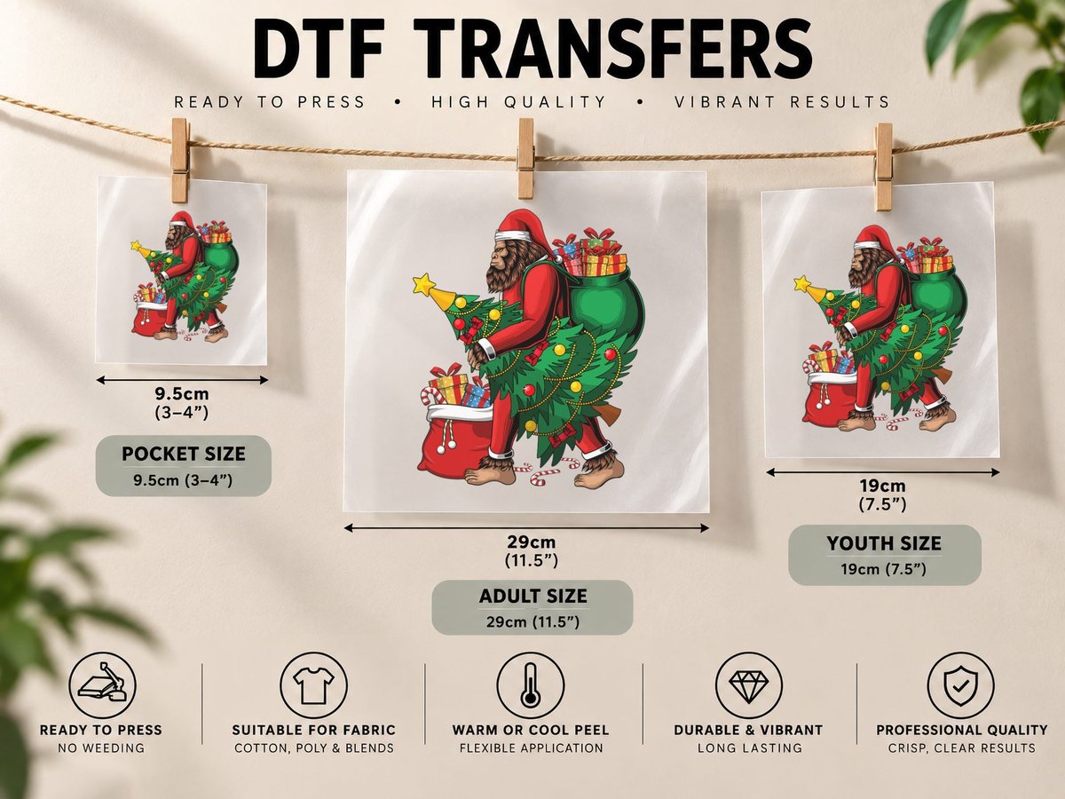 Bigfoot Christmas Tree Lights Xmas Boys Men Sasquatch DTF Transfer Iron On
