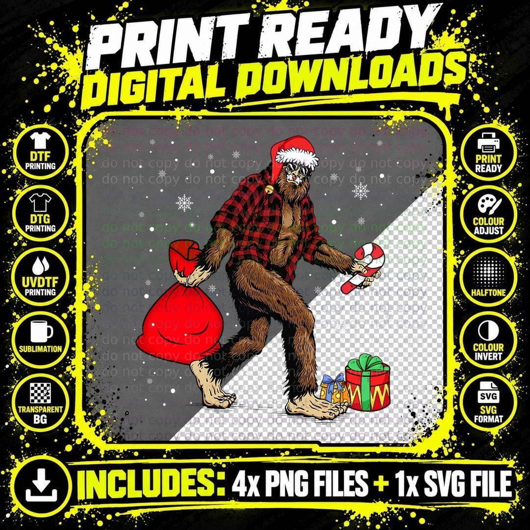 Bigfoot Santa Carrying Christmas Bag Xmas Hat Pajama Png SVG Digital Bundle