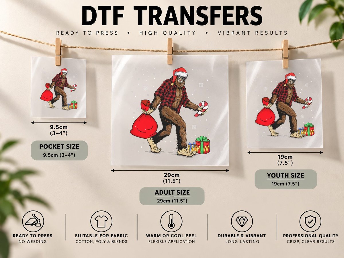 Bigfoot Santa Carrying Christmas Bag Xmas Hat Pajama DTF Transfer Iron On
