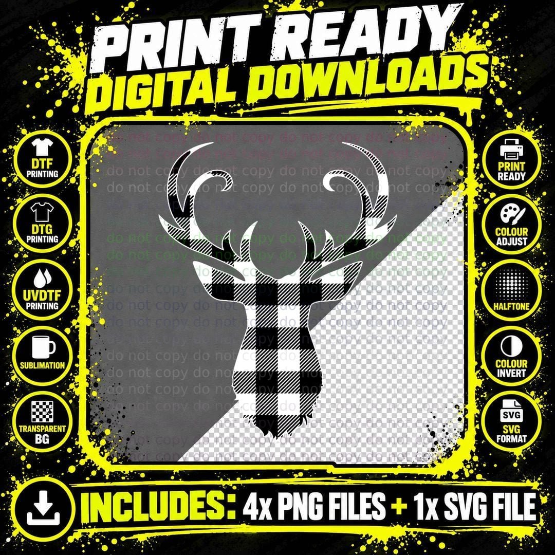 Black & White Classic Christmas Buffalo Plaid Deer Head Png SVG Digital Bundle