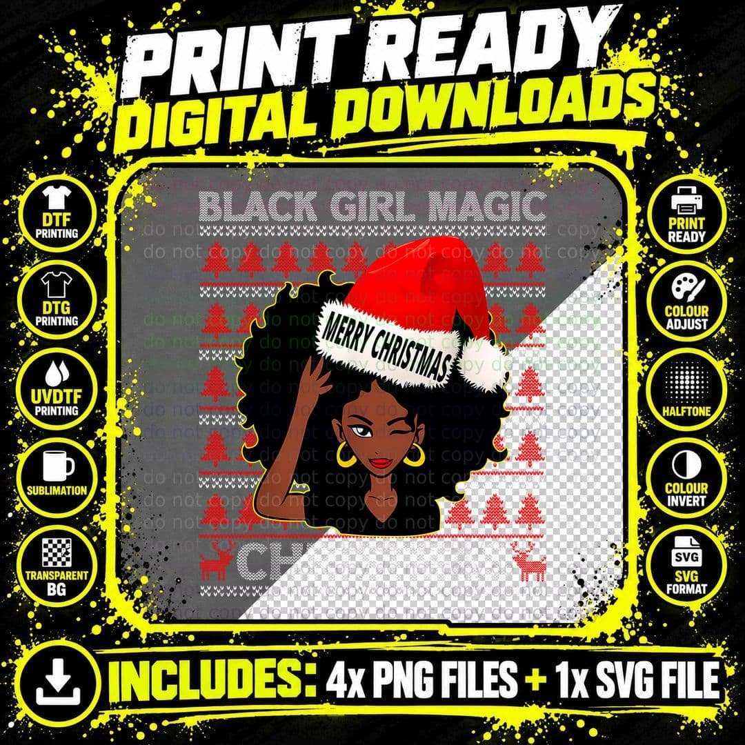 Black Girl Magic Merry Christmas Afro Ugly Sweater Red Png SVG Digital Bundle