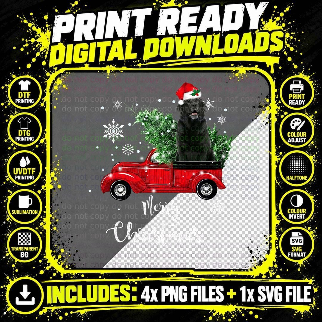 Black Lab Labrador Ride Red Truck Christmas Pajama Png SVG Digital Bundle