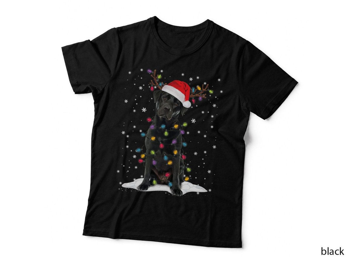 Black Labrador Christmas Tree Light T-Shirt, Festive Holiday Tee