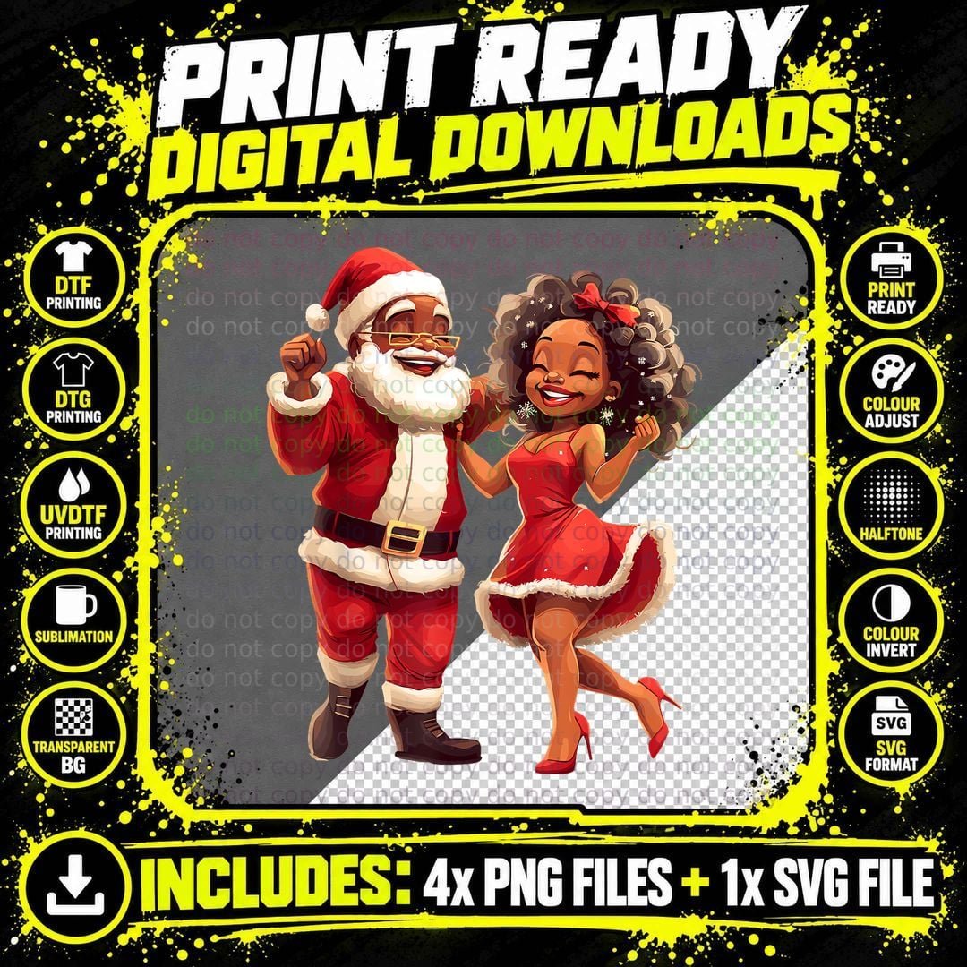 Black Santa and Mrs Claus Dancing Cute Christmas Holiday Png SVG Digital Bundle