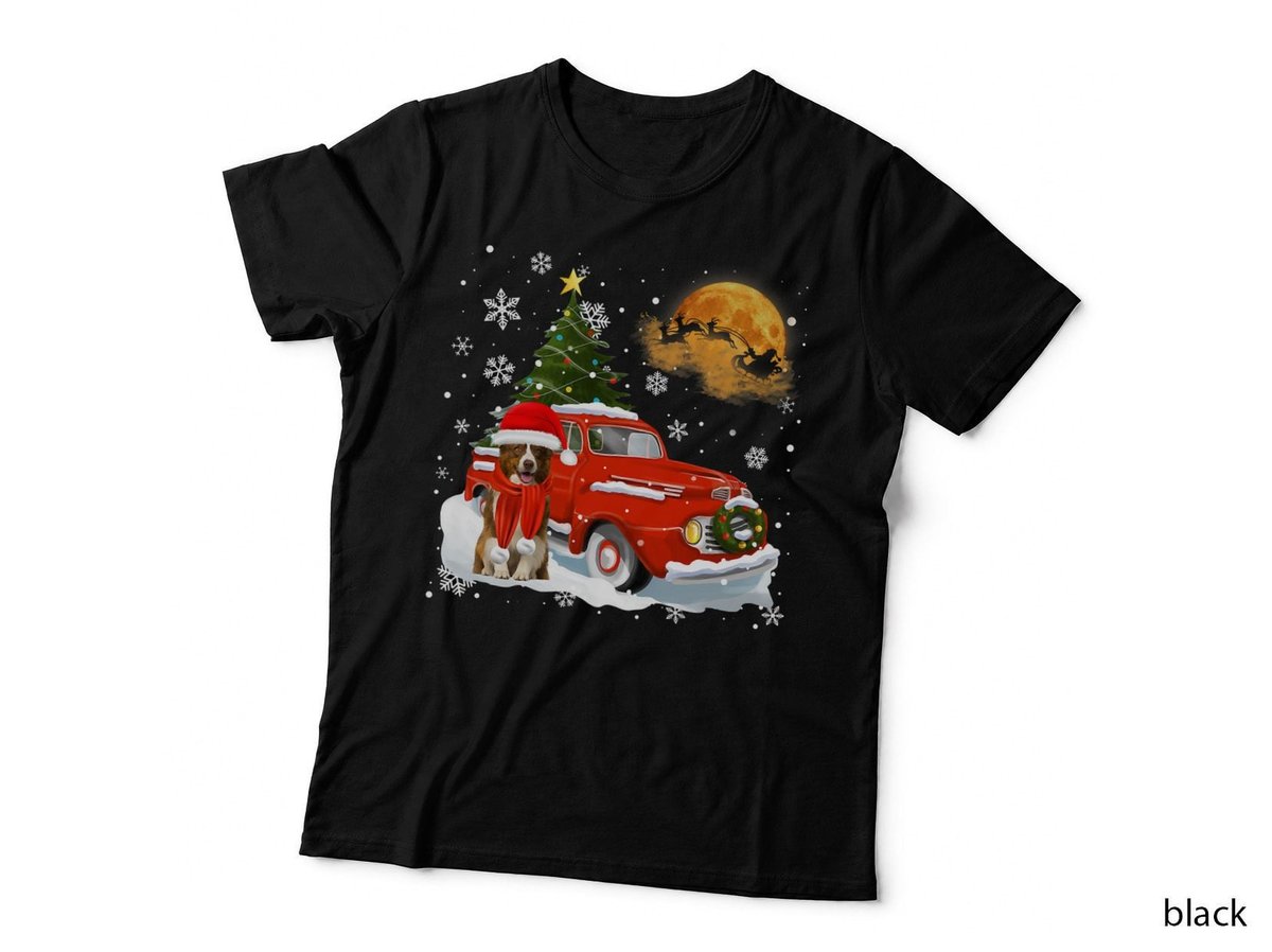 Border Collie Vintage Wagon Red Truck Christmas Tree Pajamas T-Shirt