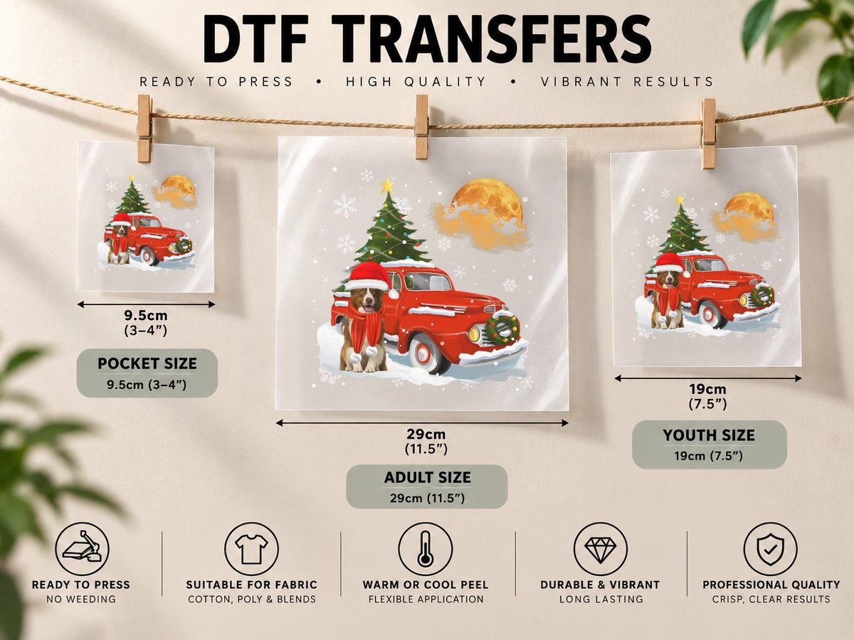Border Collie Vintage Wagon Red Truck Christmas Tree DTF Transfer Iron On