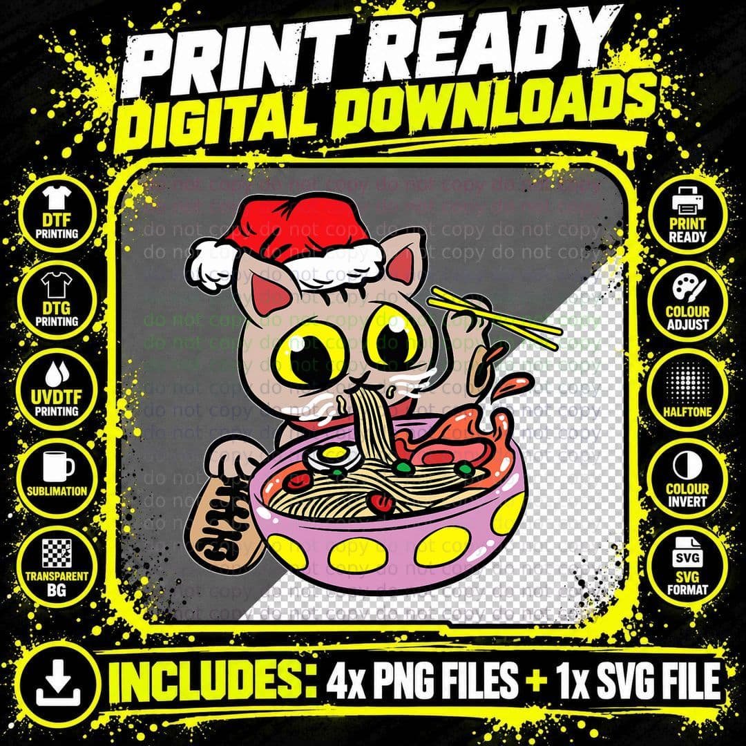 Cat Eating Ramen Christmas Pajama Cute Kitten Santa Hat Png SVG Digital Bundle