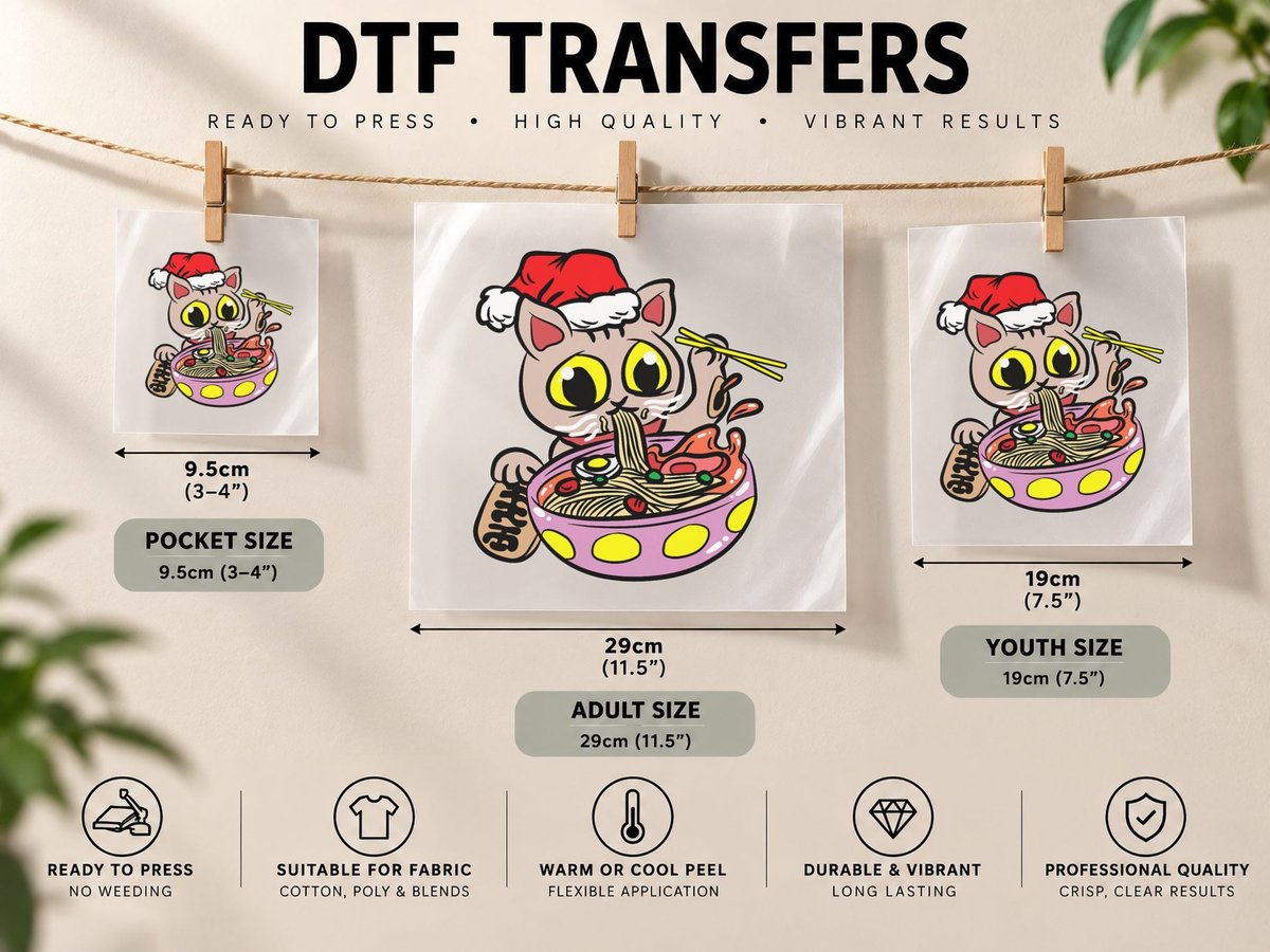 Cat Eating Ramen Christmas Pajama Cute Kitten Santa Hat DTF Transfer Iron On