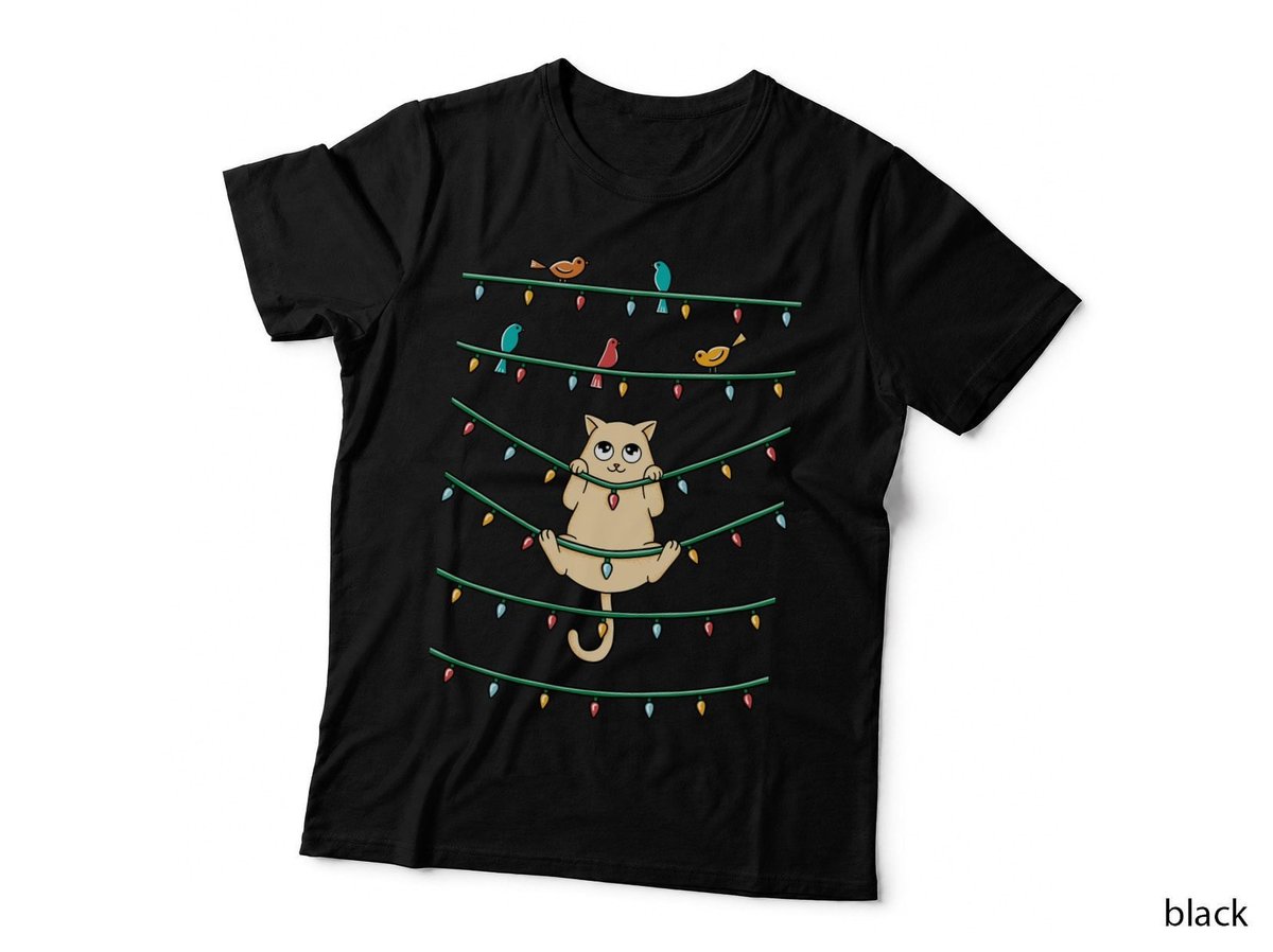 Cat and Birds Christmas T-Shirt