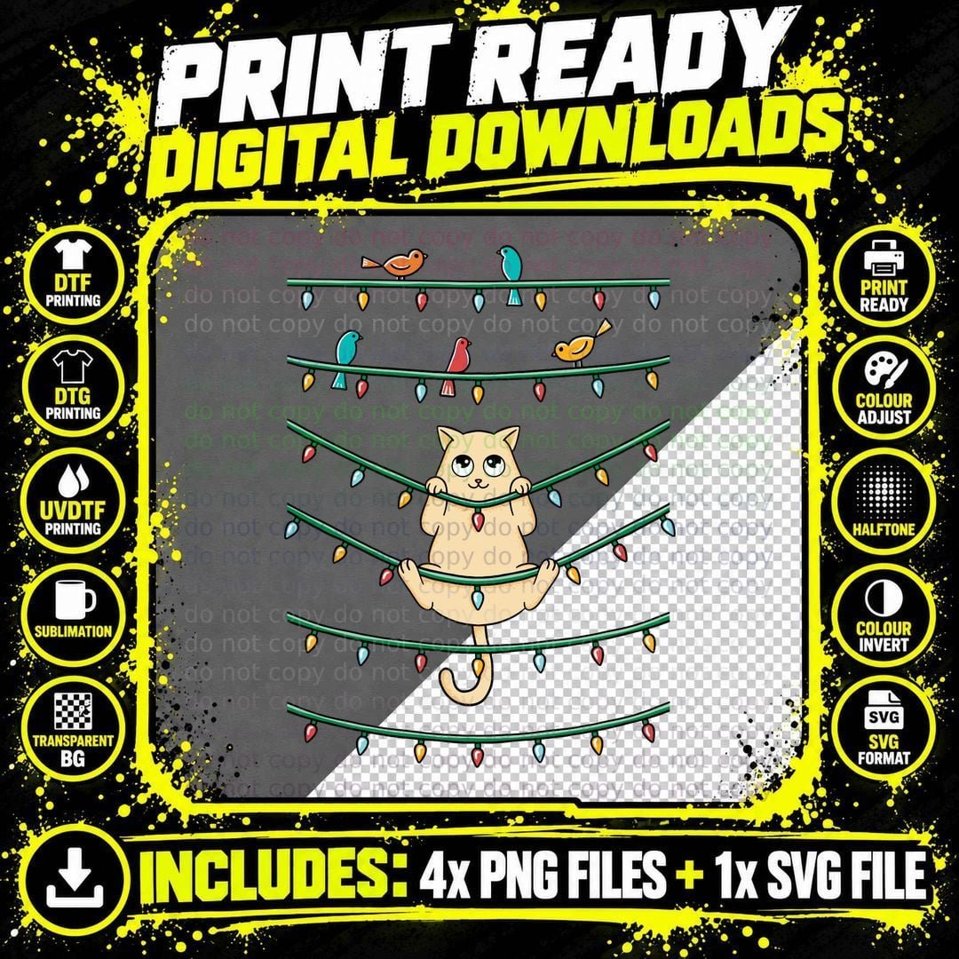 Cat and Birds Christmas T-Shirt Png SVG Digital Bundle