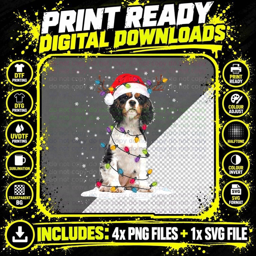 Cavalier King Charles Spaniel Christmas Tree Light Png SVG Digital Bundle