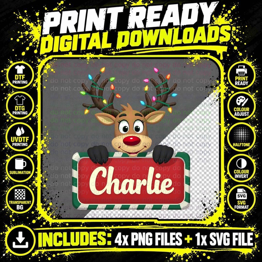 Charlie Custom Reindeer Peeking Christmas Kids Lights Png SVG Digital Bundle
