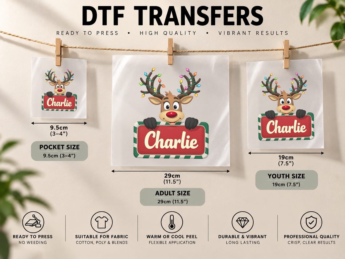 Charlie Custom Reindeer Peeking Christmas Kids Lights DTF Transfer Iron On