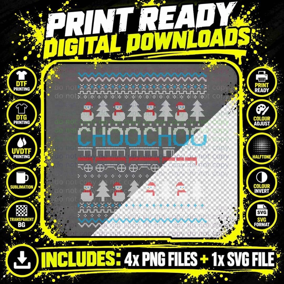 Choo Choo Train Railroad Railway Kids Ugly Christmas Png SVG Digital Bundle
