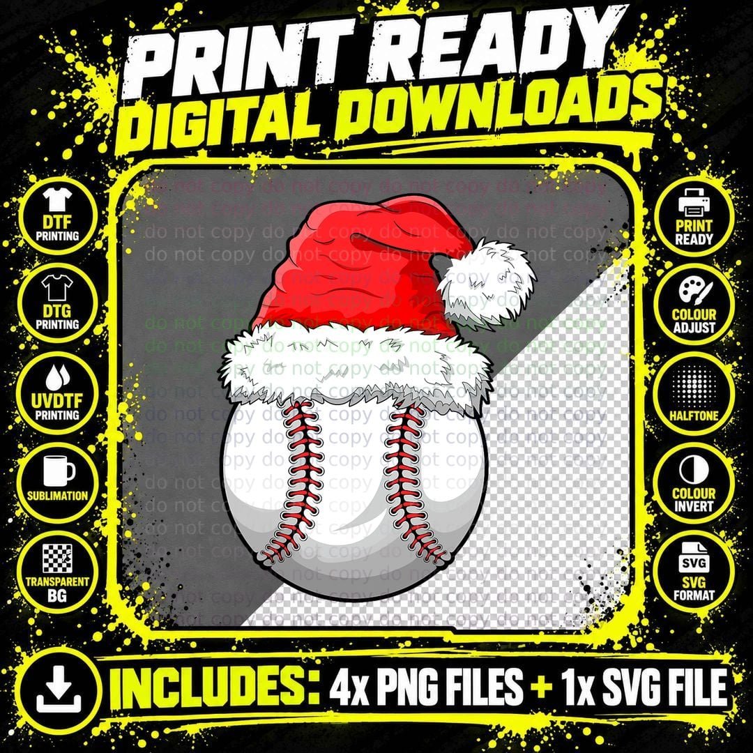 Christmas Baseball Ball Santa Hat Funny Sport Xmas Boys Png SVG Digital Bundle