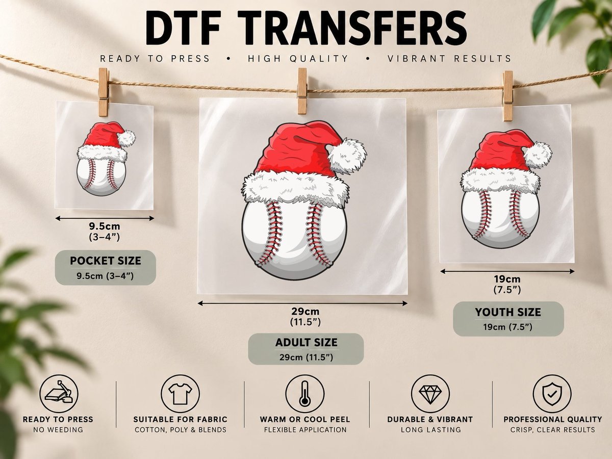 Christmas Baseball Ball Santa Hat Funny Sport Xmas Boys Men DTF Transfer Iron On