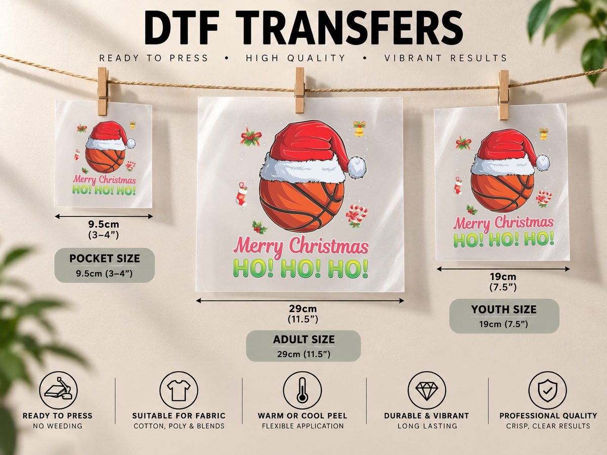 Christmas Basketball Ball Sport Xmas Boys Men Santa DTF Transfer Iron On