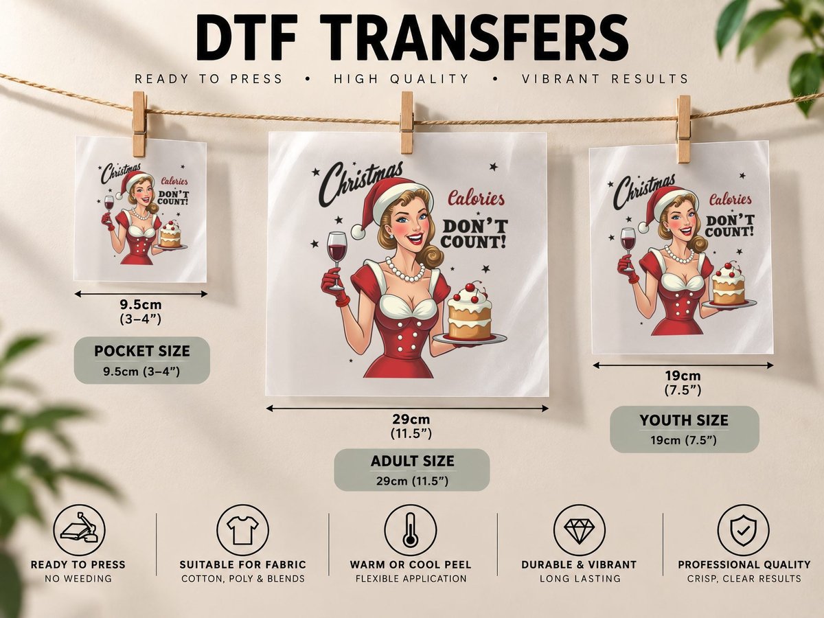 Christmas Calories Don't Count Retro Woman & Cake DTF Transfer Iron On