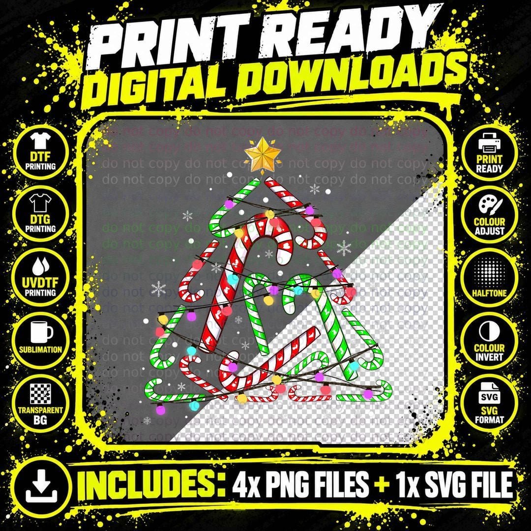 Christmas Candy Cane Funny Xmas Tree Christmas Lights Png SVG Digital Bundle