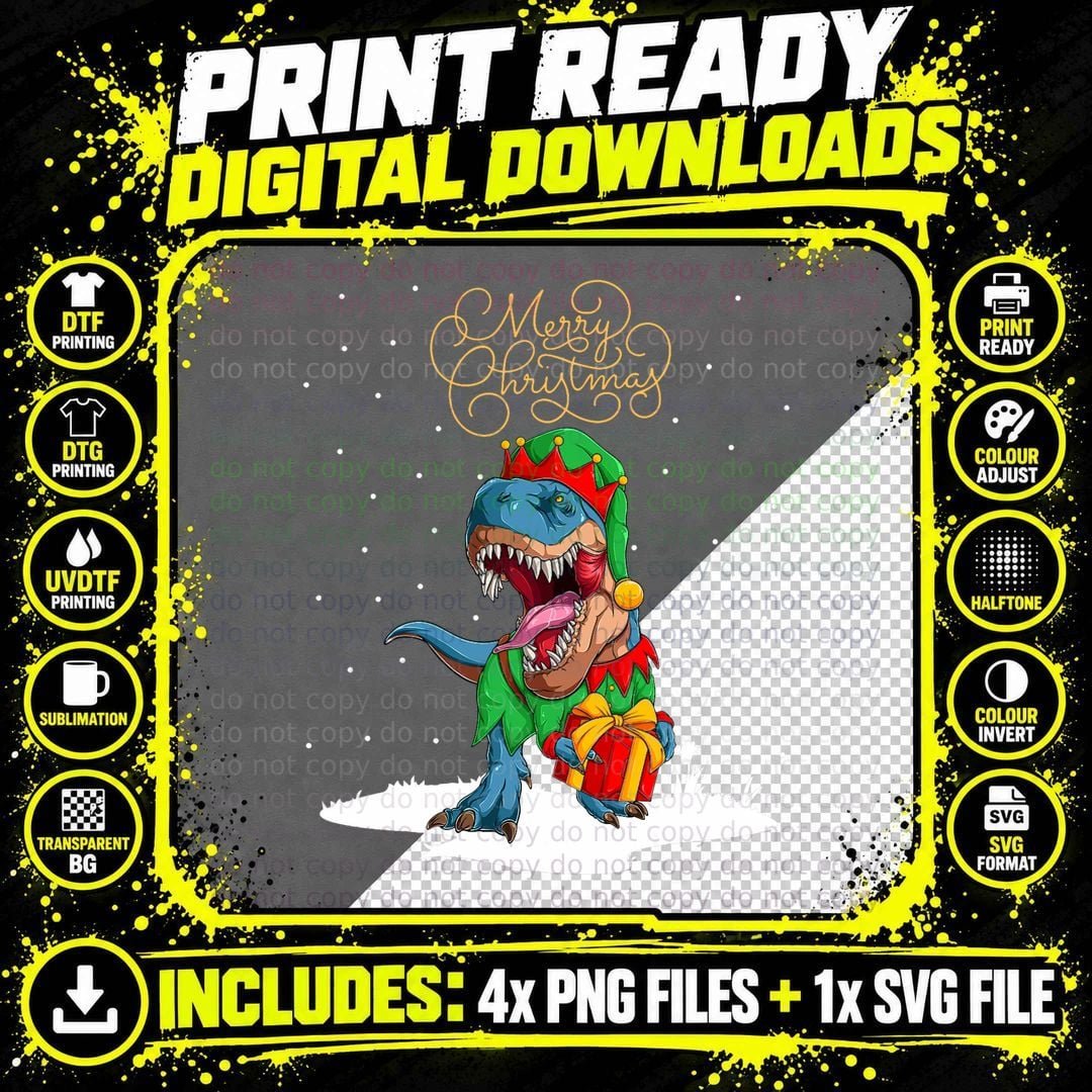 Christmas Elves T-Rex Snow Xmas Funny Merry Christmas Png SVG Digital Bundle