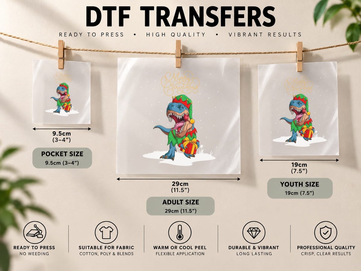 Christmas Elves T-Rex Snow Xmas Funny Merry Christmas DTF Transfer Iron On
