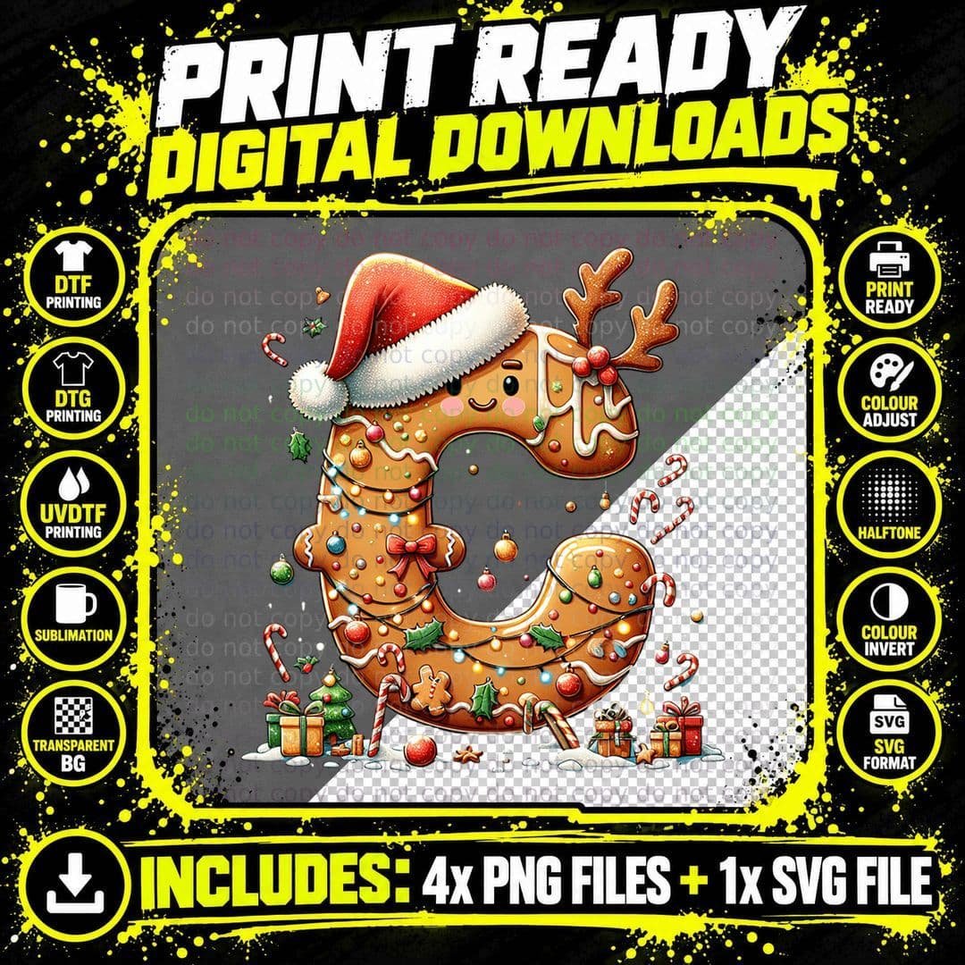 Christmas Letter C Gingerbread with Santa Hat and Png SVG Digital Bundle