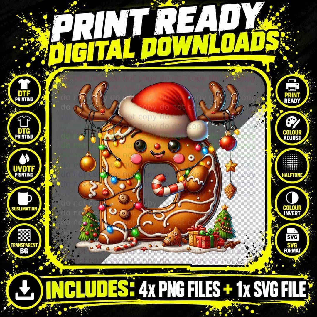 Christmas Letter D Gingerbread with Santa Hat and Png SVG Digital Bundle