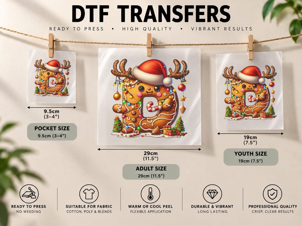 Christmas Letter D Gingerbread with Santa Hat and Reindeer DTF Transfer Iron On