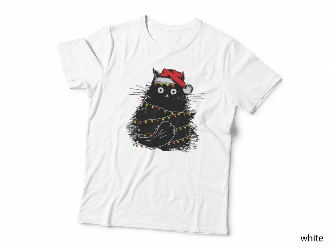 Christmas Lights Cat Black Fluffy Funny Santa Hat Cat T-Shirt