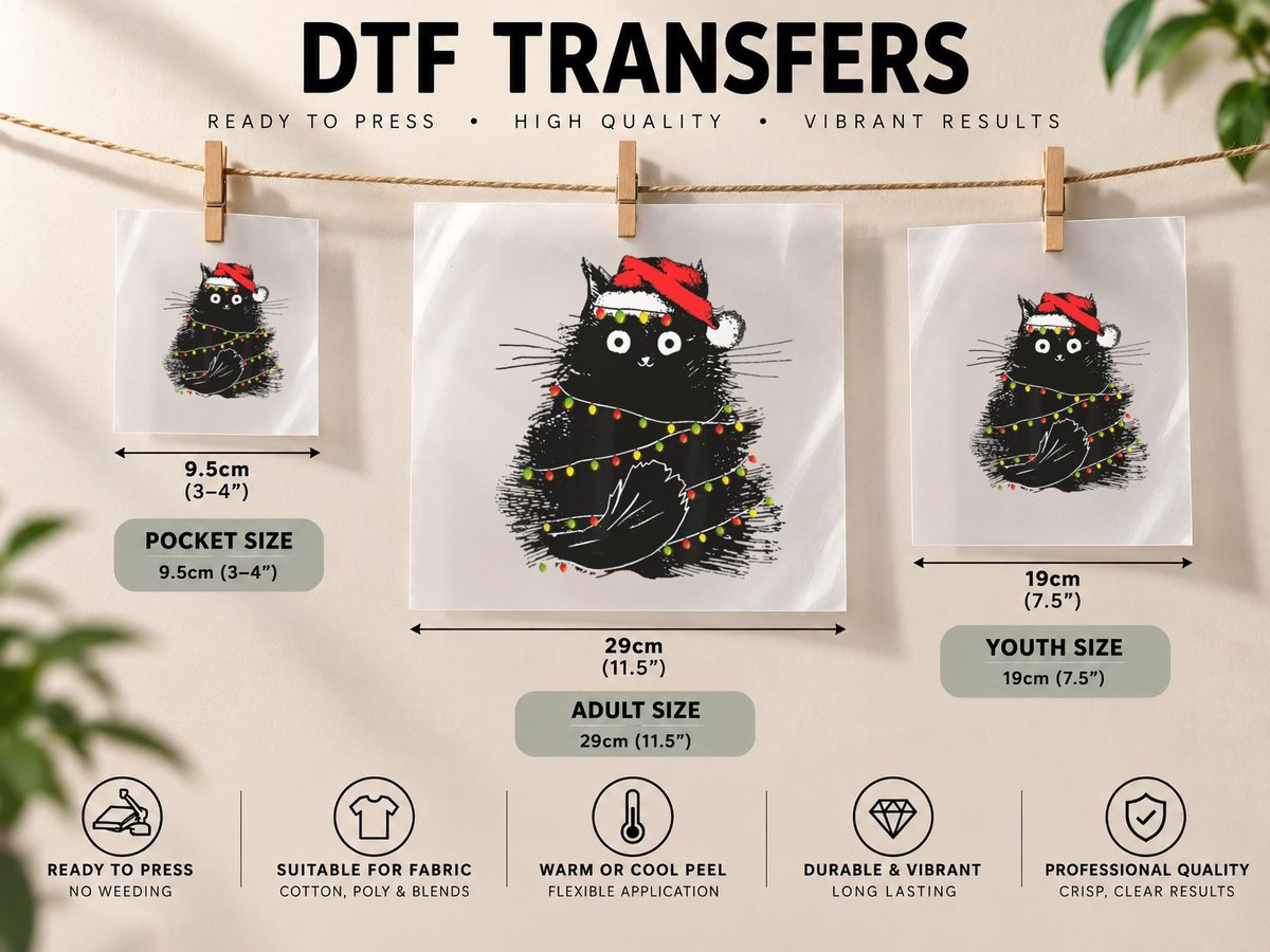 Christmas Lights Cat Black Fluffy Funny Santa Hat Cat DTF Transfer Iron On