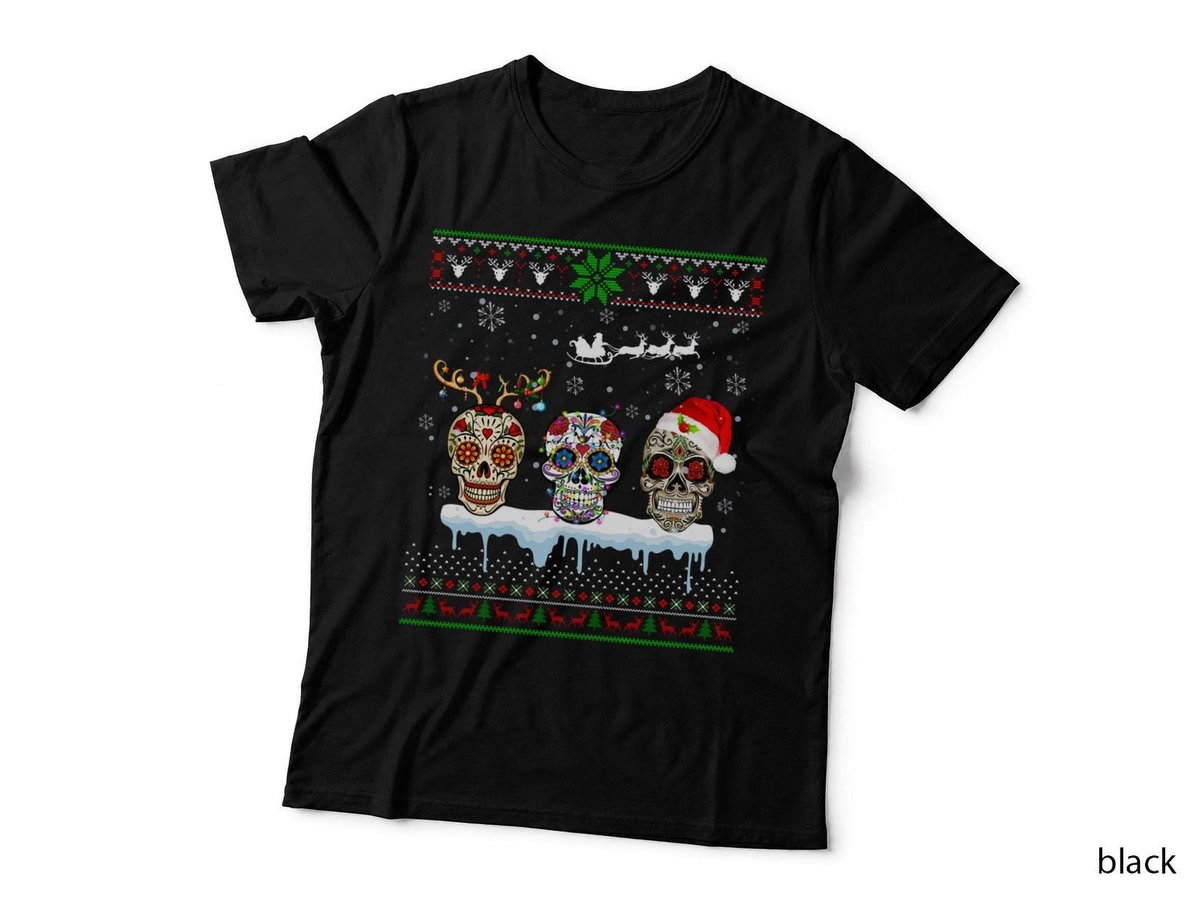 Christmas Mexican Flower Sugar Skull Santa Ugly, Dia De Los Muertos T-Shirt