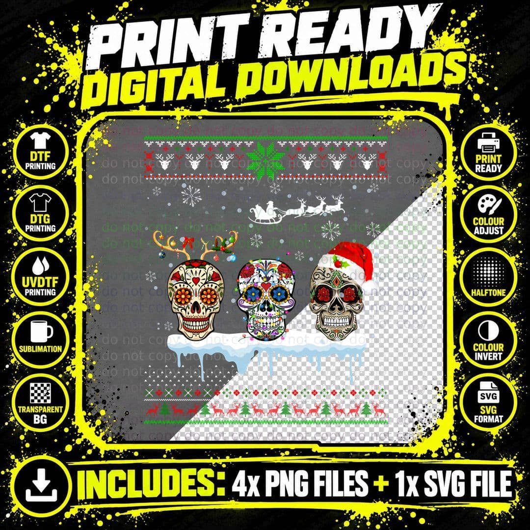 Christmas Mexican Flower Sugar Skull Santa Ugly Png SVG Digital Bundle