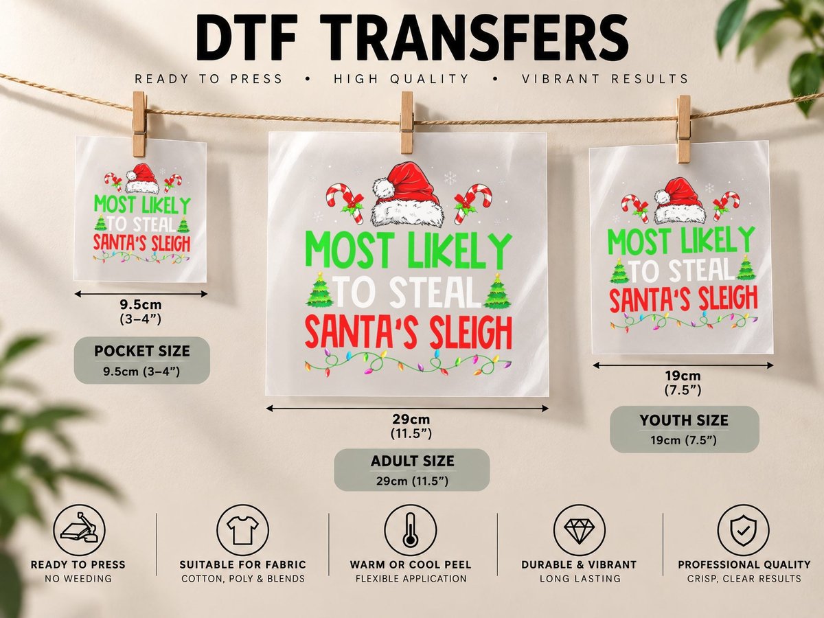 Christmas Most Likely to Steal Santa's Sleigh Xmas DTF Transfer Iron On