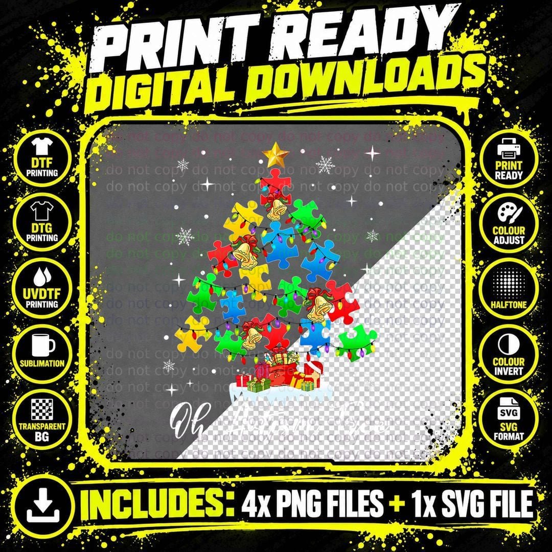 Christmas Oh Autism Tree Xmas Lights Puzzle Awareness Png SVG Digital Bundle