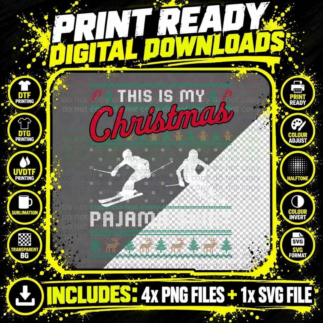 Christmas Pajama Skiing Ugly Sweater T-Shirt Png SVG Digital Bundle