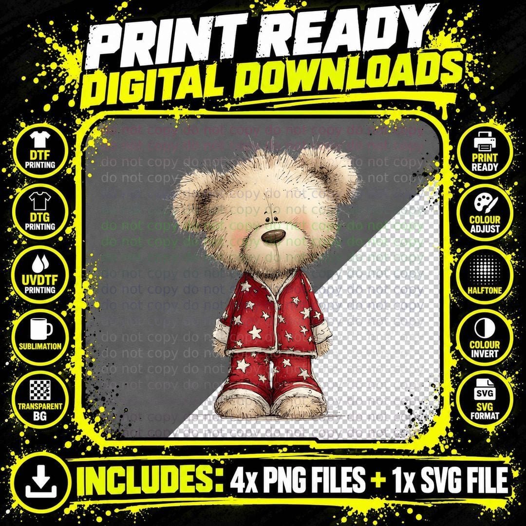 Christmas Pajama Teddy with Stars Cute Bedtime Cozy Png SVG Digital Bundle