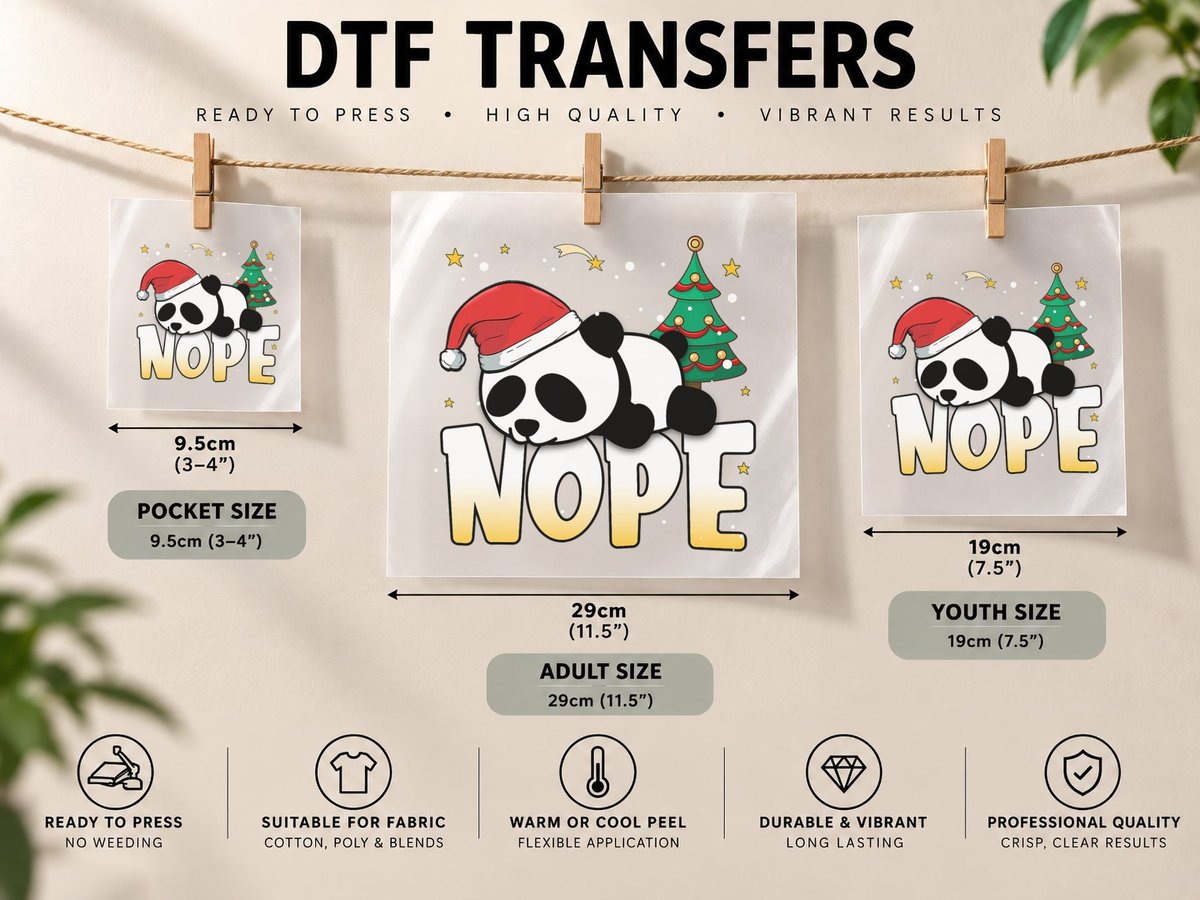Christmas Panda Nope Lazy Bear Boys Girls Clothing Funny DTF Transfer Iron On