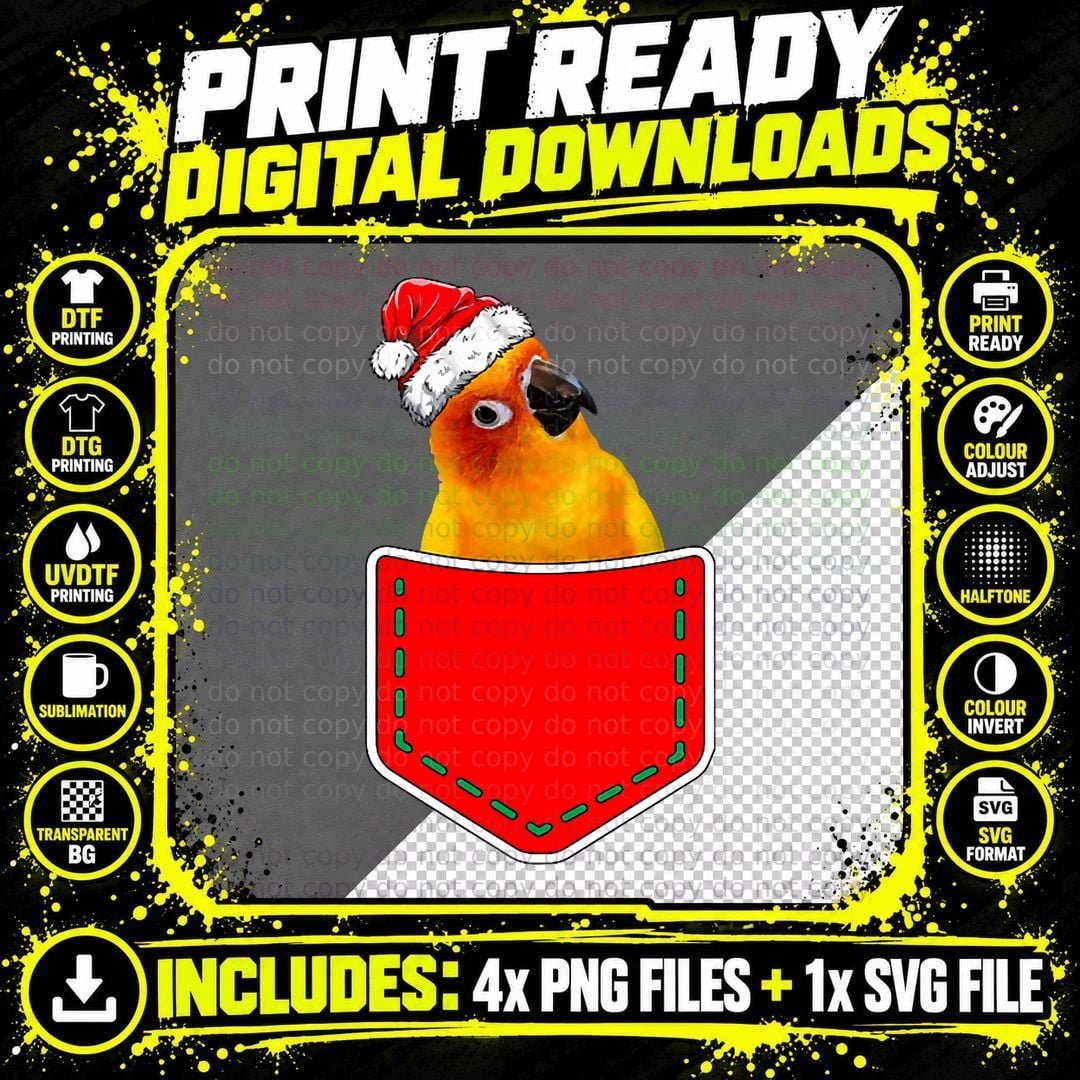 Christmas Pocket Santa Sun Conure for Parrot Birds Png SVG Digital Bundle