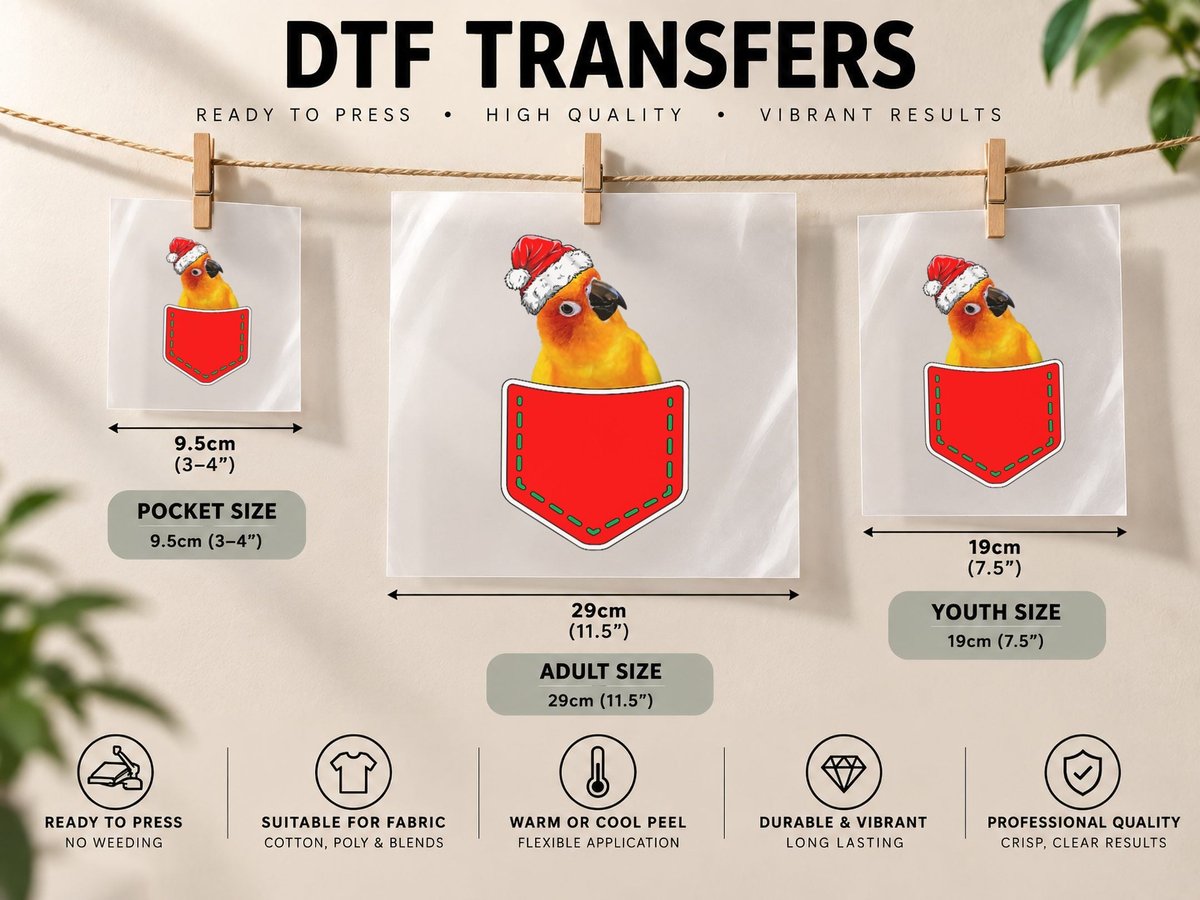 Christmas Pocket Santa Sun Conure for Parrot Birds Lovers DTF Transfer Iron On