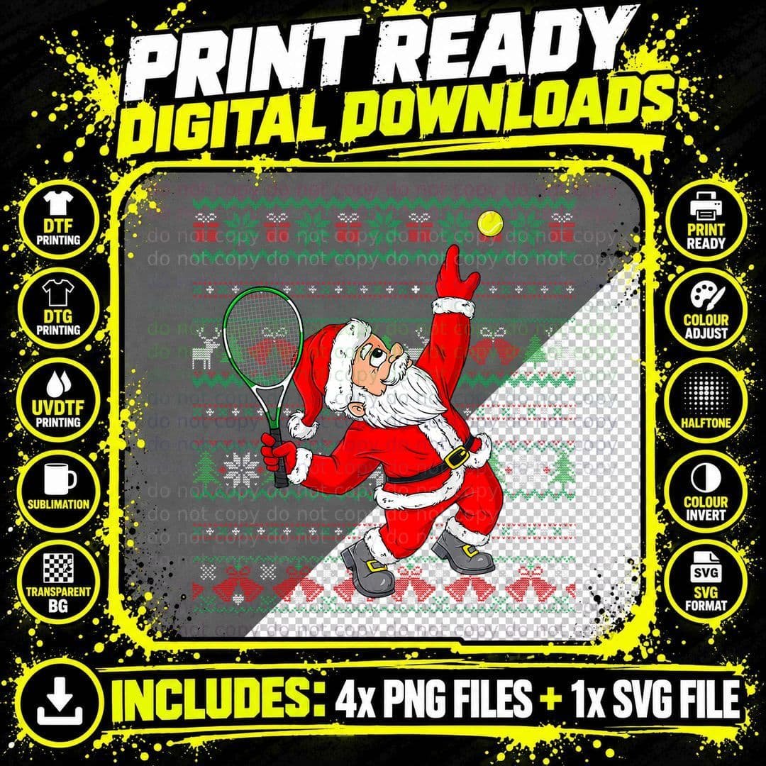 Christmas Santa Claus Tennis Funny Sport Lover Ugly Xmas Png SVG Digital Bundle
