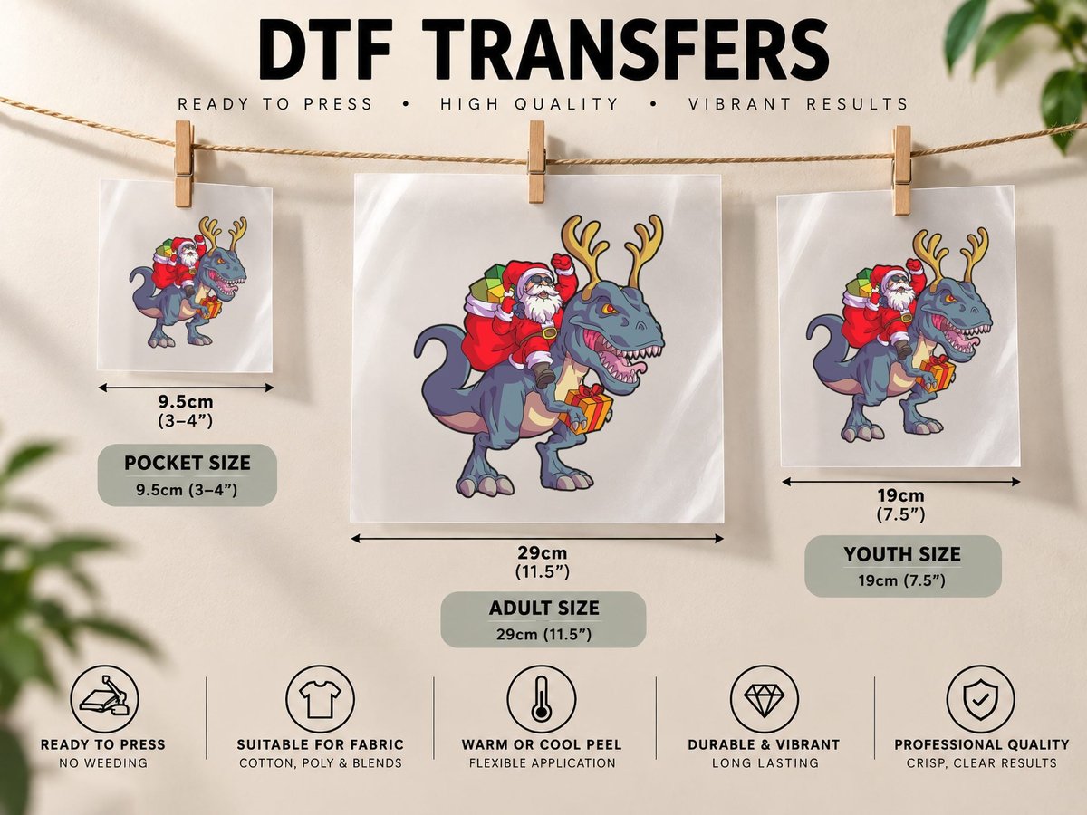 Christmas Santa Riding Dinosaur Deer Xmas Kids Boys Men DTF Transfer Iron On