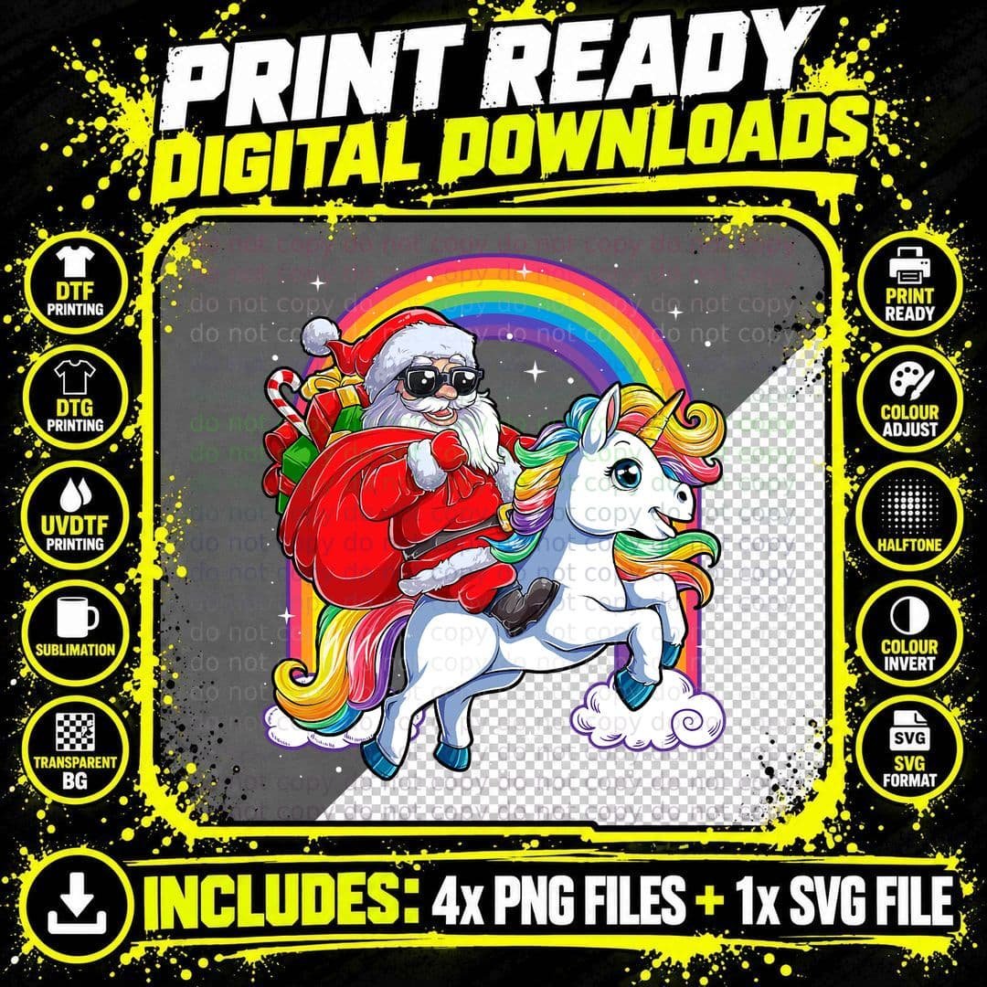 Christmas Santa Riding Unicorn Xmas Girls Women Rainbow Png SVG Digital Bundle