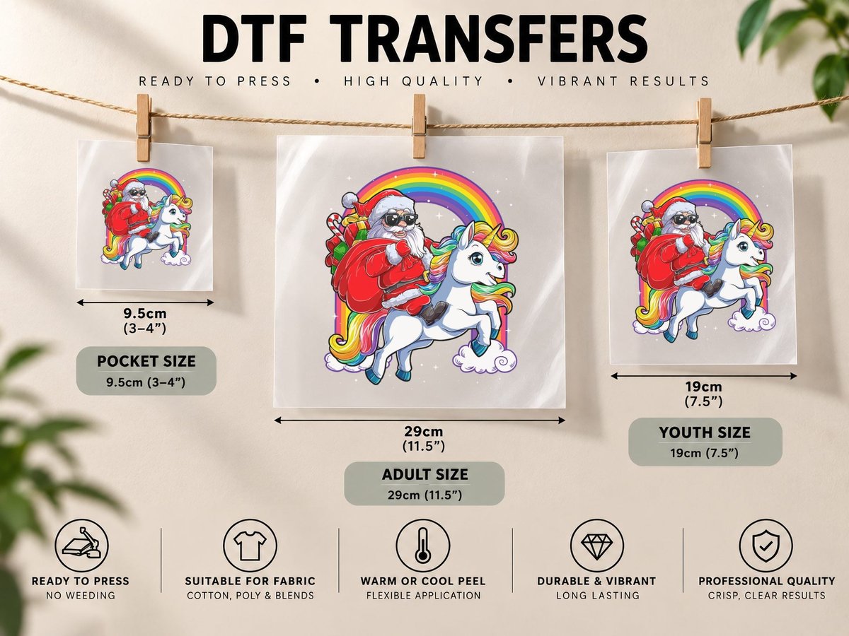 Christmas Santa Riding Unicorn Xmas Girls Women Rainbow DTF Transfer Iron On