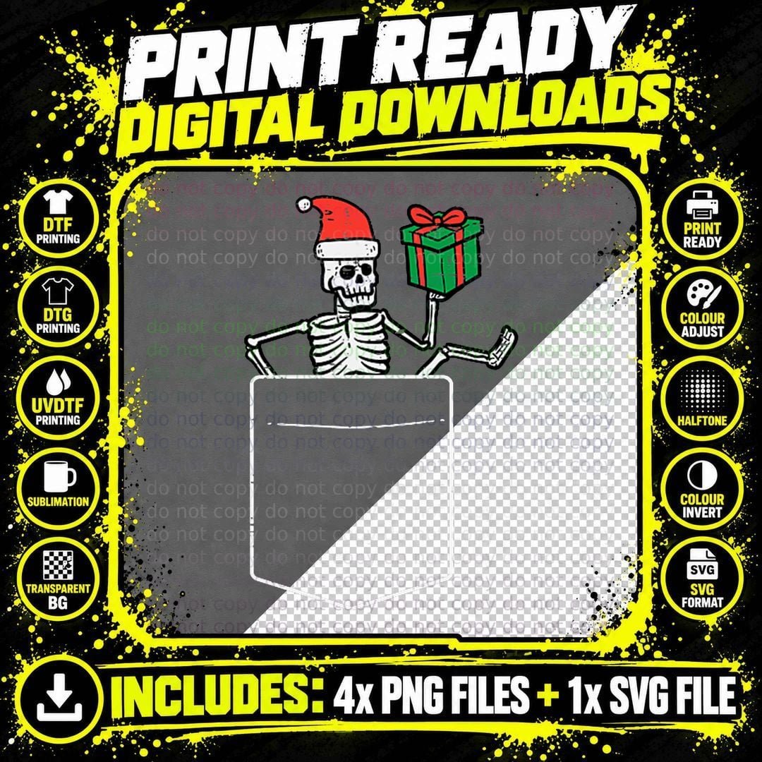 Christmas Skeleton Santa Pocket Xmas Men Boys Kids Women Png SVG Digital Bundle