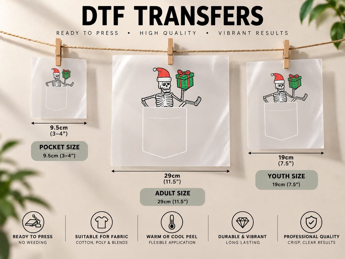 Christmas Skeleton Santa Pocket Xmas Men Boys Kids Women DTF Transfer Iron On