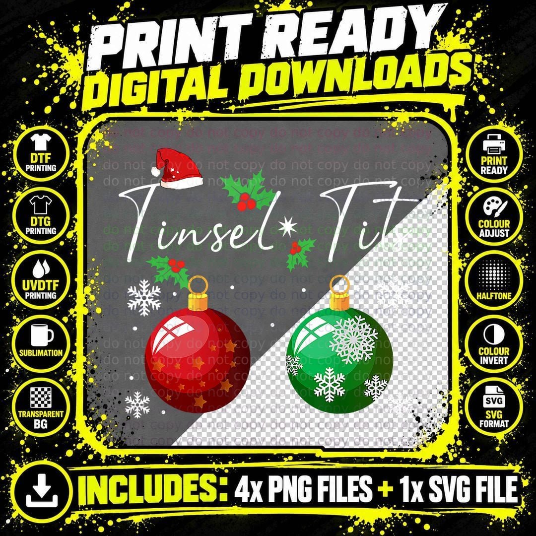 Christmas Tinsel Text T-Shirt, Tinsel Tits Tee Png SVG Digital Bundle