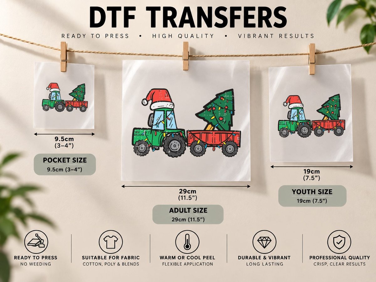 Christmas Tractor Santa Xmas Farm Truck Boys Kids Toddler DTF Transfer Iron On